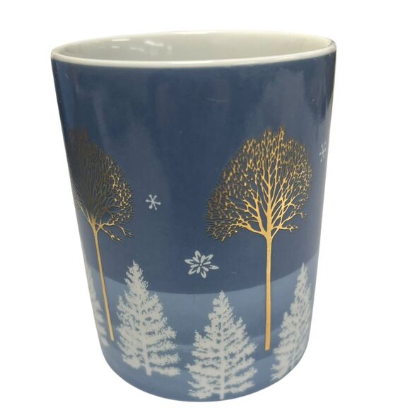 Vintage Andre Richard Blue Christmas Cup & Plate Set Snow Gold Trees Japan - Picture 2 of 10